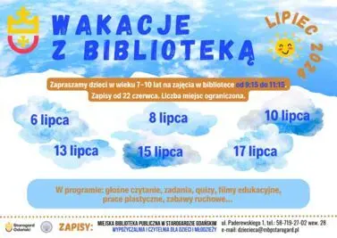 Wypożyczalnia i Czytelnia dla Dzieci i Młodzieży zaprasza dzieci w wieku 7-10 lat na wakacyjne zajęcia.  Będą obywały się 6, 8, 10, 13, 15, 17 lipca w godzinach 9:15-11:15.   W programie: głośne czytanie, zadania, quizy, filmy edukacyjne, prace plastyczne