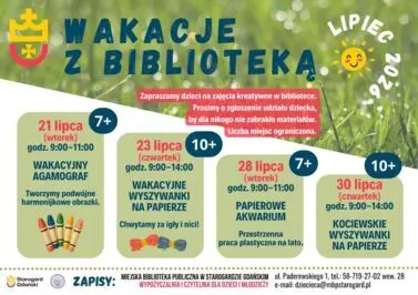 Plakat informujący o zajęciach plastycznych &bdquo;Wakacje z biblioteką &ndash; Lipiec 2026&rdquo; organizowanych przez Miejską Bibliotekę Publiczną w Starogardzie Gdańskim. Harmonogram obejmuje cztery warsztaty w dniach 21, 23, 28 i 30 lipca dla dzieci w wieku 7+ i 10+. O