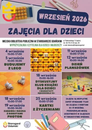 Plakat zajęć dla dzieci na wrzesień 2026 w Miejskiej Bibliotece Publicznej w Starogardzie Gdańskim. Zajęcia są bezpłatne.