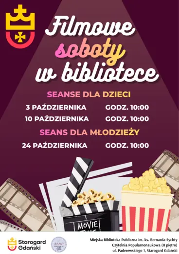 Plakat informujący o filmowych sobotach w bibliotece: w godzinach 10:00-11:30 zaprasza na seanse filmowe dla dzieci i młodzieży do biblioteki na Rynku (II piętro). Wstęp jest bezpłatny, nie trzeba się zapisywać.