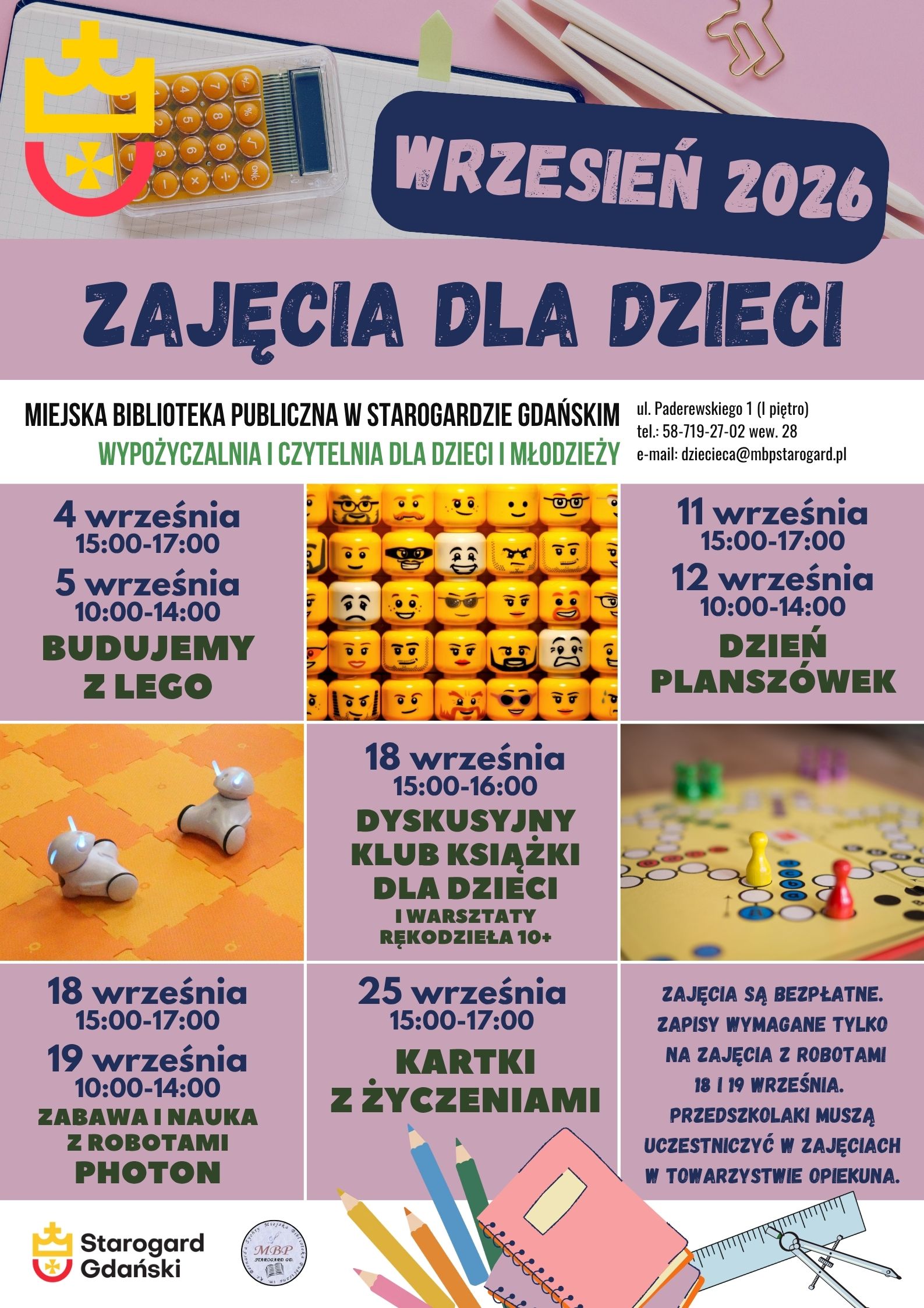 Plakat zajęć dla dzieci na&nbsp;wrzesień 2026 w&nbsp;Miejskiej Bibliotece Publicznej w&nbsp;Starogardzie Gdańskim. Zajęcia są bezpłatne.