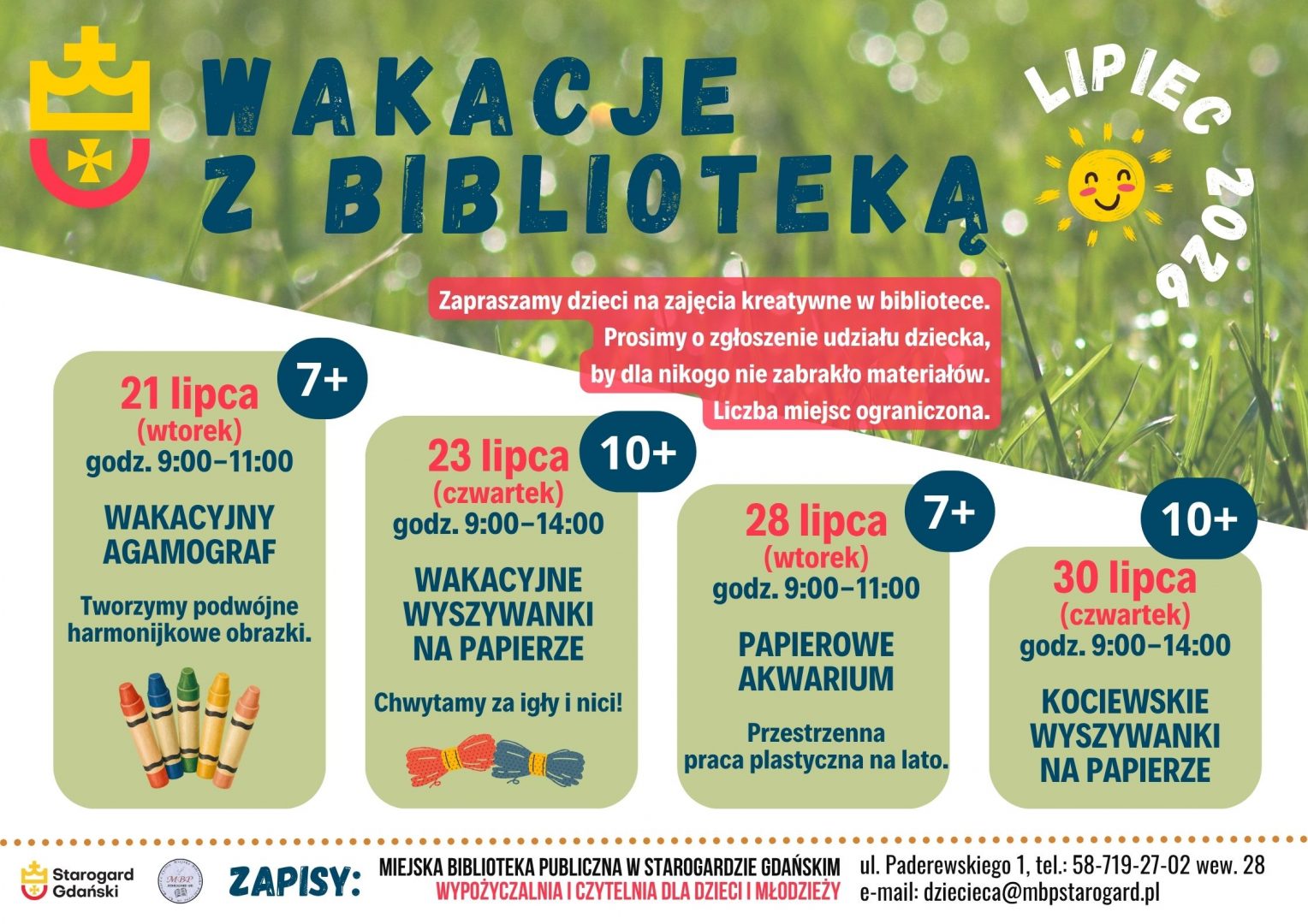 Plakat informujący o&nbsp;zajęciach plastycznych &bdquo;Wakacje z&nbsp;biblioteką &ndash; Lipiec 2026&rdquo; organizowanych przez Miejską Bibliotekę Publiczną w&nbsp;Starogardzie Gdańskim. Harmonogram obejmuje cztery warsztaty w&nbsp;dniach 21, 23, 28 i&nbsp;30 lipca dla dzieci w&nbsp;wieku 7+ i&nbsp;10+. Obowiązują zapisy.