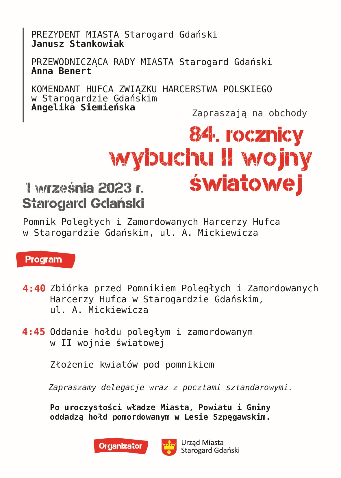 Plakat informujący o uroczystościach upamiętniających obchody II wojny światowej.