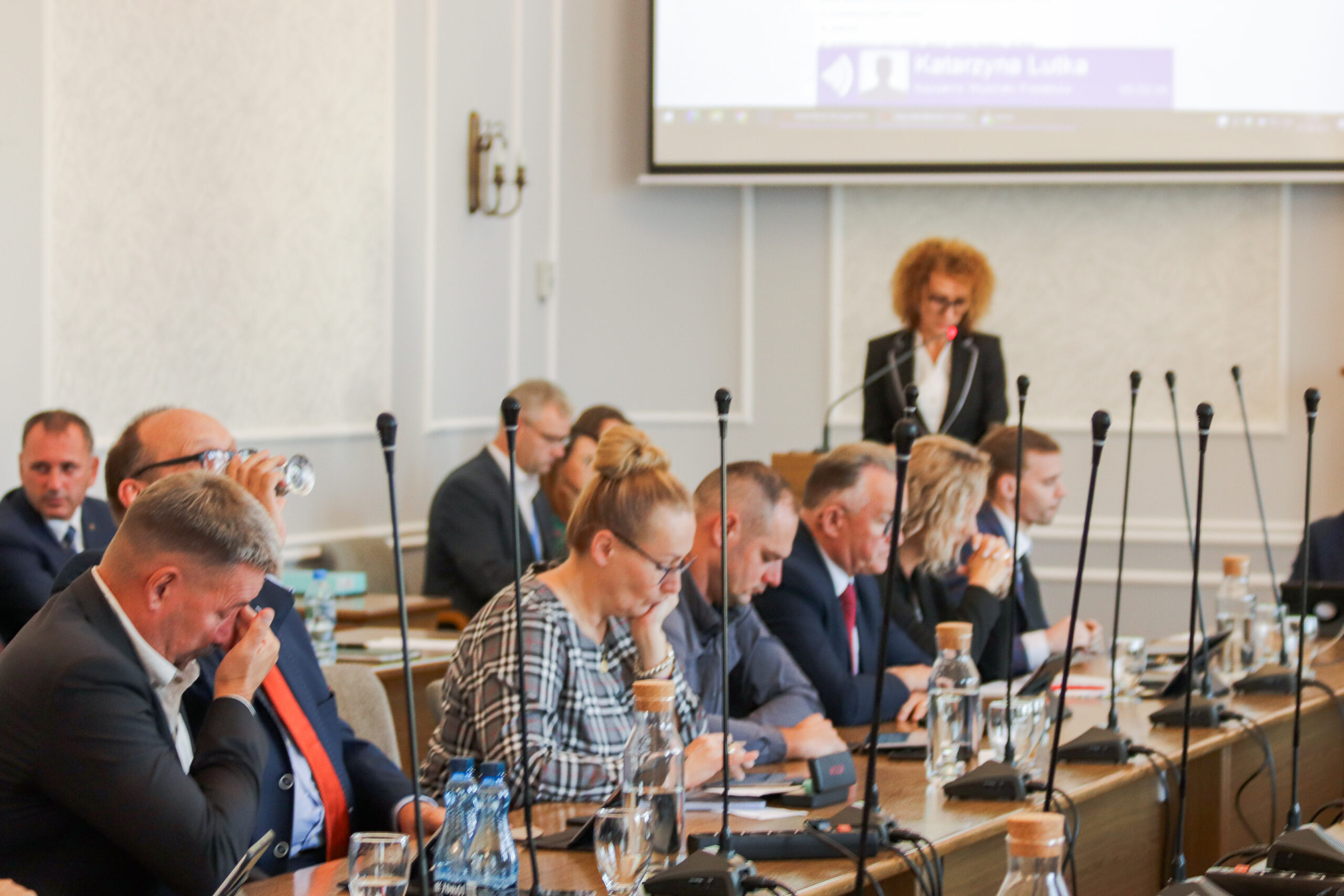 Kilkanaście osób siedzi przy stole. Kobieta za nimi stoi przy mównicy