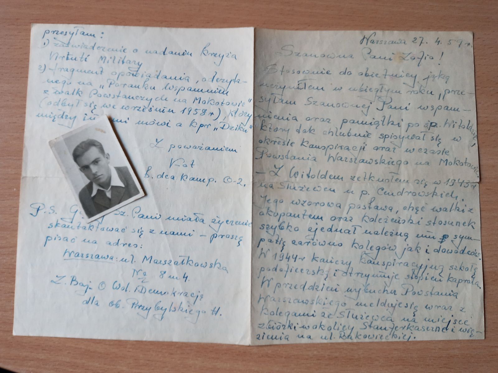 Oryginalny list napisany przez porucznika Antoniego Figurę pseudonim „Kot” do Pani Zofii Belau, siostry druha Witolda