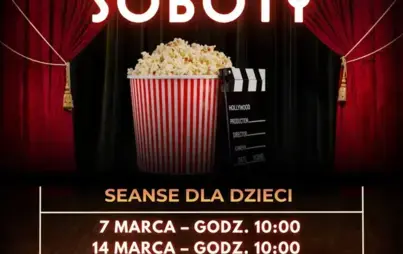 Plakat informujący o filmowych sobotach w bibliotece: w godzinach 10.00-11.30 zaprasza na seanse filmowe dla dzieci i młodzieży do biblioteki na Rynku (II piętro). Wstęp jest bezpłatny, nie trzeba się zapisywać.