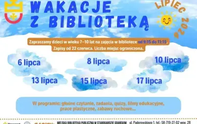 Wypożyczalnia i Czytelnia dla Dzieci i Młodzieży zaprasza dzieci w wieku 7-10 lat na wakacyjne zajęcia.  Będą obywały się 6, 8, 10, 13, 15, 17 lipca w godzinach 9:15-11:15.   W programie: głośne czytanie, zadania, quizy, filmy edukacyjne, prace plastyczne