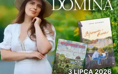 Plakat informujący o spotkaniu autorskim z Anną Dominą, które odbędzie się w Miejskiej Bibliotece Publicznej im. ks. Bernarda Sychty w Starogardzie Gdańskim. Na plakacie widoczne jest zdjęcie pisarki w kapeluszu i białej sukience, a także okładki dwóch je