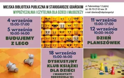 Plakat zajęć dla dzieci na wrzesień 2026 w Miejskiej Bibliotece Publicznej w Starogardzie Gdańskim. Zajęcia są bezpłatne.