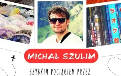 Plakat wydarzenia Noc Bibliotek w Starogardzie Gdańskim: spotkanie z podróżnikiem Michałem Szulimem pt. 'Szybkim pociągiem przez Japonię' – 16 października o godz. 17:00.