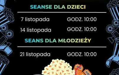 Plakat informujący o filmowych sobotach w bibliotece: w godzinach 10:00-11:30 zaprasza na seanse filmowe dla dzieci i młodzieży do biblioteki na Rynku (II piętro). Wstęp jest bezpłatny, nie trzeba się zapisywać.