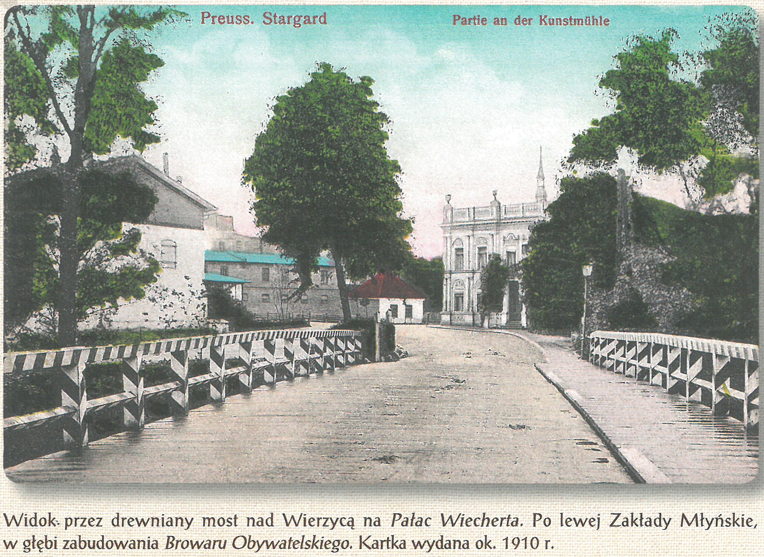 Widok przez drewniany most na Pałac Wiecherta. 1910r