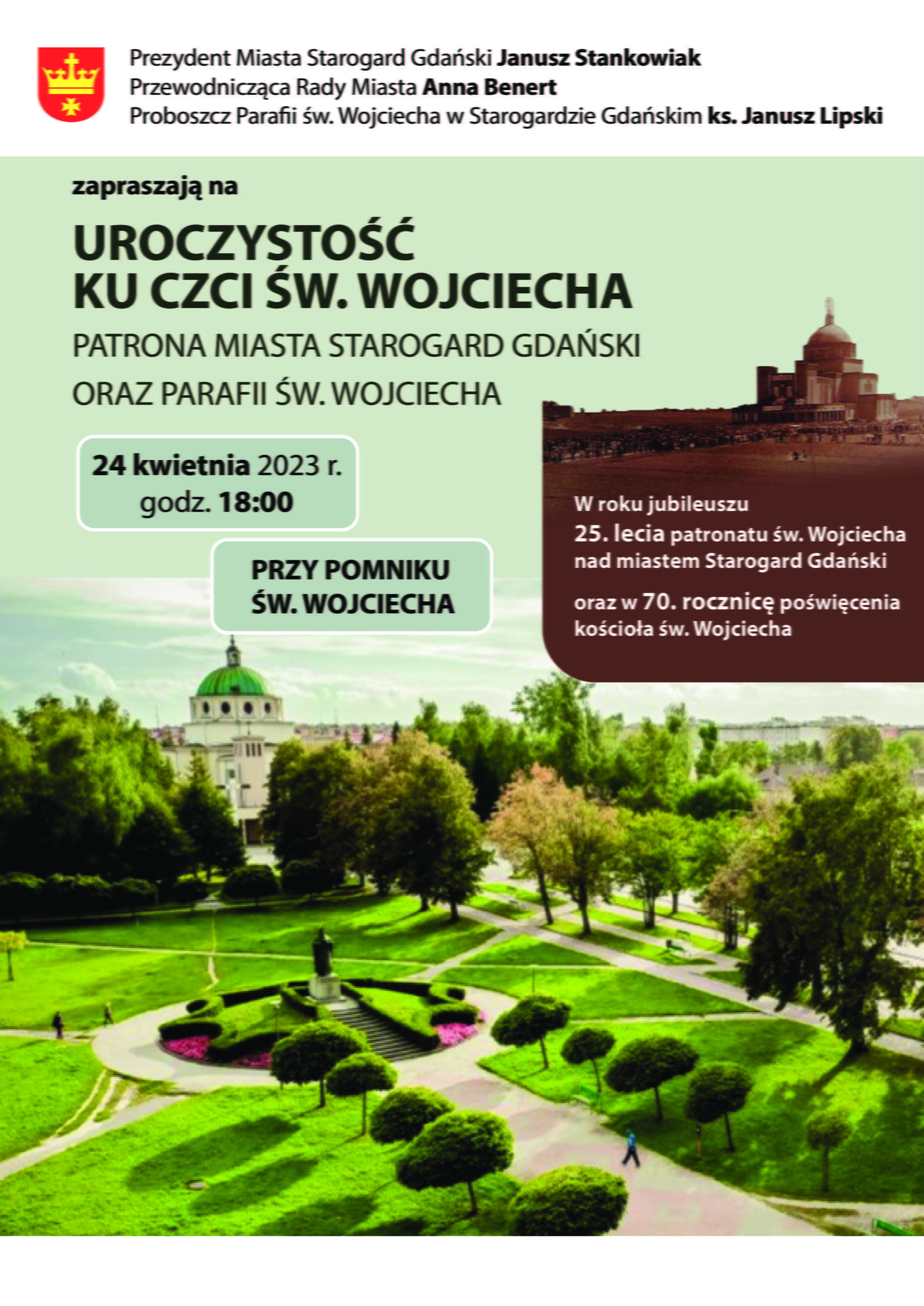 Plakat informujący o uroczystościach w dniu 24 kwietnia godzina 18:00 pod pomnikiem św. Wojciecha.