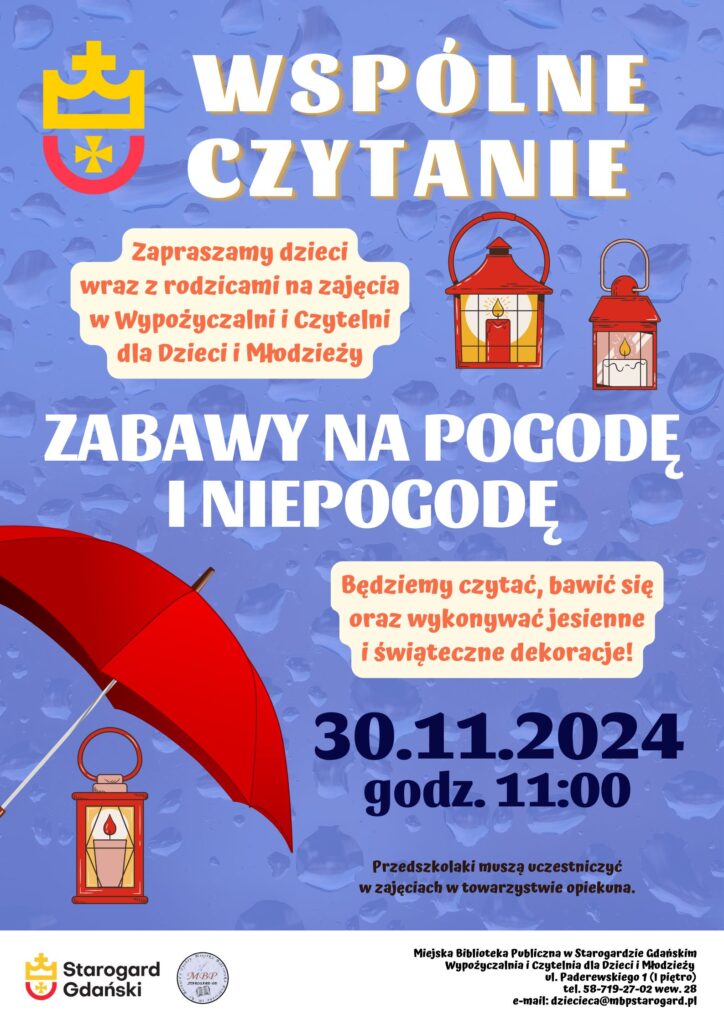 Kolorowy plakat z lampionami i parasolką informujący o zajęciach dla dzieci i rodziców w Miejskiej Bibliotece Publicznej w Starogardzie Gdańskim.