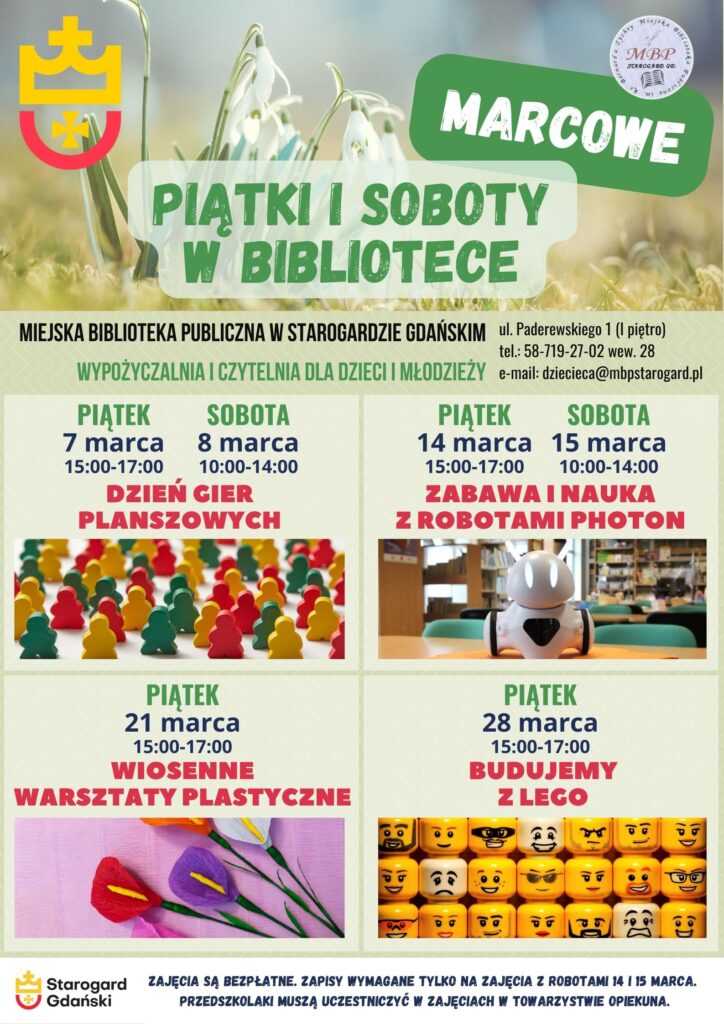 Plakat informujący o marcowych zajęciach w Miejskiej Bibliotece Publicznej w Starogardzie Gdańskim, obejmujących gry planszowe, warsztaty z robotami Photon, zajęcia plastyczne i budowanie z Lego.