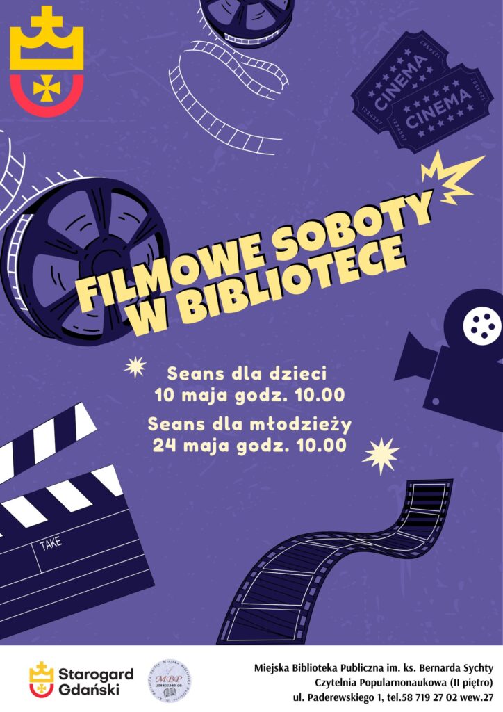 Plakat informujący o filmowych sobotach w bibliotece: w godzinach 10.00-11.30 zaprasza na seanse filmowe dla dzieci i młodzieży do biblioteki na Rynku (II piętro). Wstęp jest bezpłatny, nie trzeba się zapisywać.